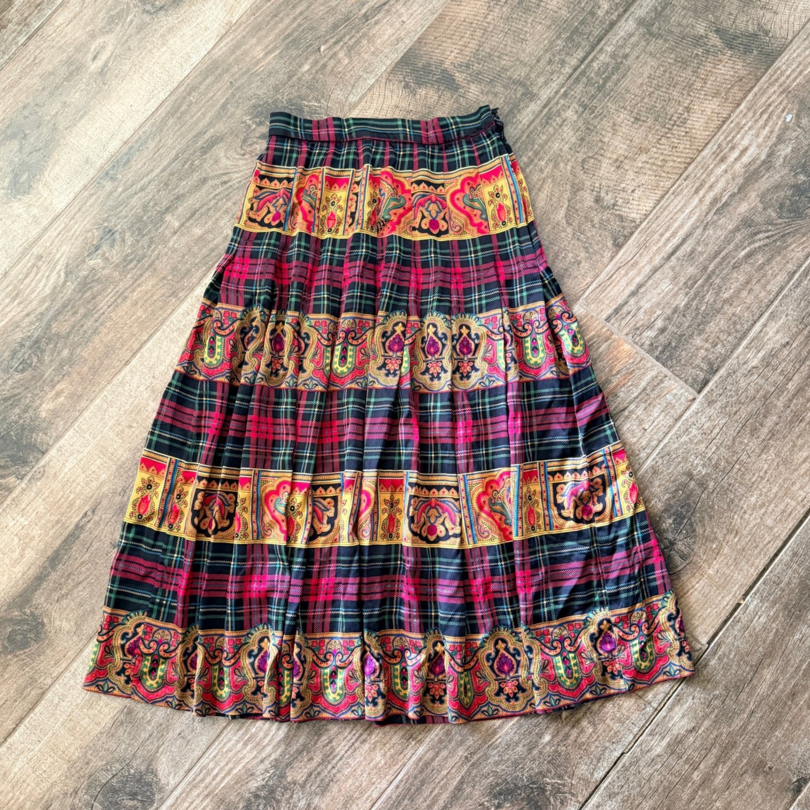 Gloria Sachs New York Vintage Plaid Paisley Pleated A-Line Midi Skirt, Multi,4